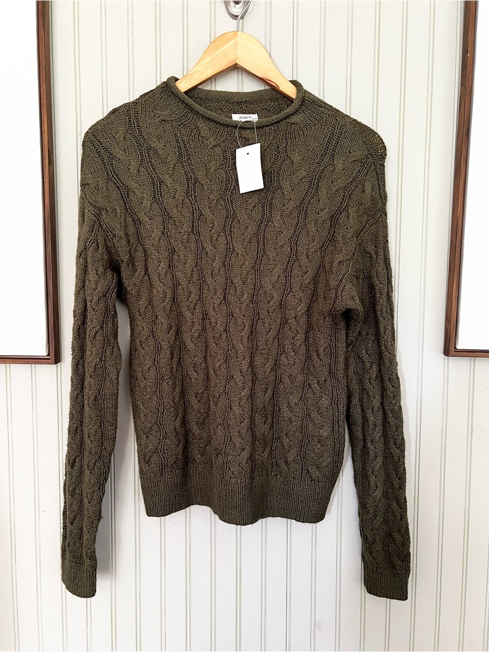 J. Crew Woman’s New Rolled Neck Cable Knit Pullover Sweater Olive Green
